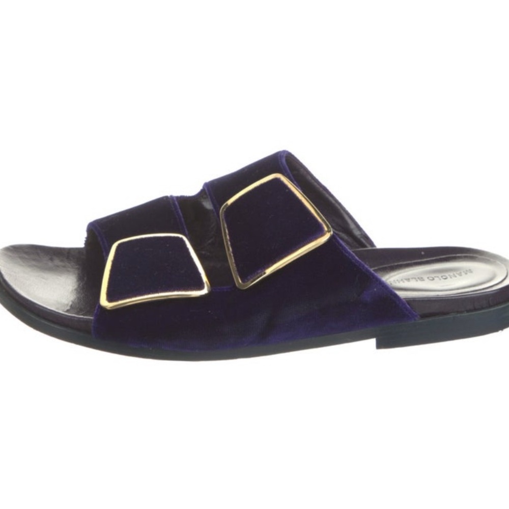 Manolo Blahnik Blue and Gold Slide Sandals